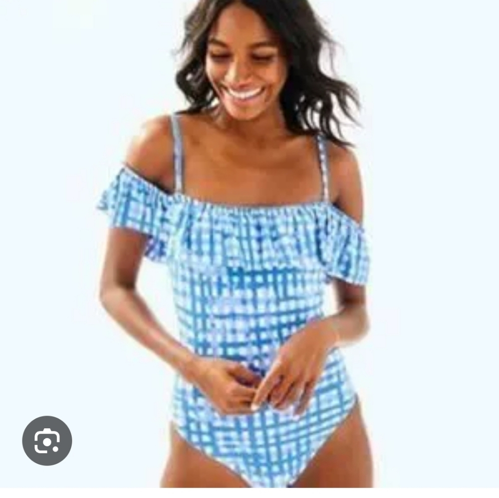 Lilly Pulitzer Fiesta Blue Plaid Off-Shoulder One-Piece Swimsuit Size